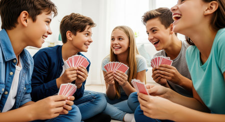 Group of caucasian teens enjoy a lively card game with friends indoorsの素材