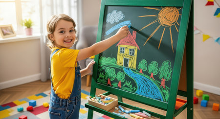 Young caucasian girl drawing on chalkboard in playroom with bright smile and creative artの素材