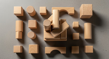 Wooden building blocks arrangement on gray surface in geometric patternsの素材