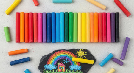 Colorful set of chalk sticks with rainbow and house drawing on black slateの素材
