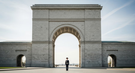Lone soldier standing guard at monumental stone archwayの素材