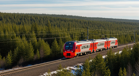 Red train moving through scenic pine forest landscapeの素材