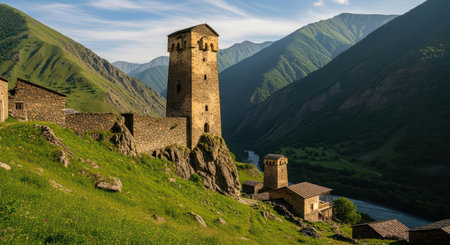 Ancient stone towers in mountainous landscape at sunsetの素材