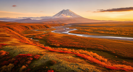 Majestic sunset over vibrant autumn landscape with snow-capped mountainの素材