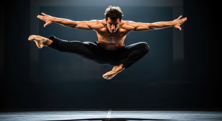 Young caucasian male dancer performing leap on stage with dramatic lightingの素材