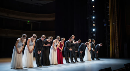 Elegant theater performance with bowing cast on stageの素材