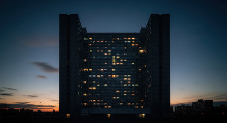 Illuminated high-rise building at dusk with lit windows and urban skylineの素材