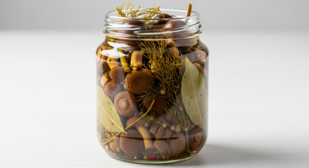 Jar of pickled mushrooms with herbs and spices on white backgroundの素材