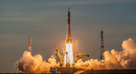 Rocket launch during sunset at baikonur cosmodrome with dramatic smoke and flamesの素材