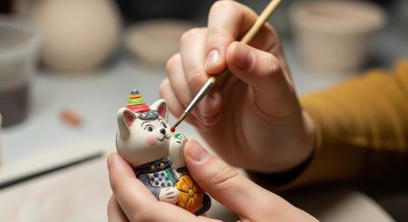 Close-up of young caucasian adult painting ceramic cat sculptureの素材