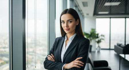 Confident young caucasian female professional in modern office settingの素材