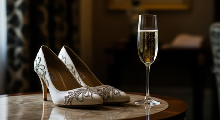 Elegant high heels and champagne on marble table in luxurious settingの素材
