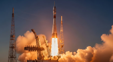 Space rocket launch at dawn into clear sky with fiery plumeの素材