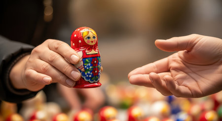 Colorful matryoshka doll exchanged between two people in marketplace settingの素材
