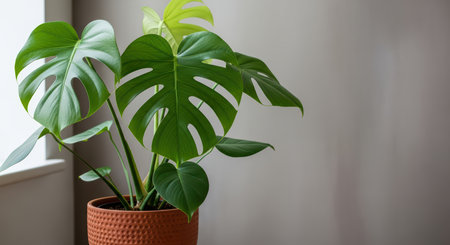 Monstera plant in terracotta pot by sunny windowの素材