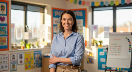 Female caucasian young teacher smiling in colorful classroom environmentの素材