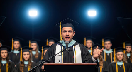 Young hispanic male graduate delivering speech at university ceremonyの素材