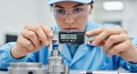 Female engineer using caliper in precision measurement workshopの素材
