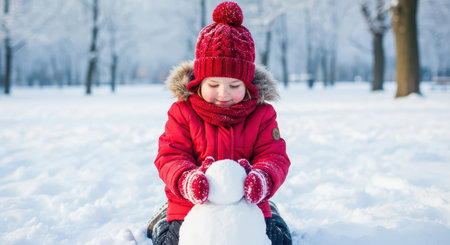 Caucasian child building snowman in winter park with red coat and hatの素材