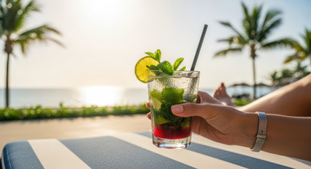 Tropical relaxation with refreshing mojito by the beachの素材