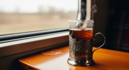 Steaming glass of tea in metal holder on train journey by windowの素材