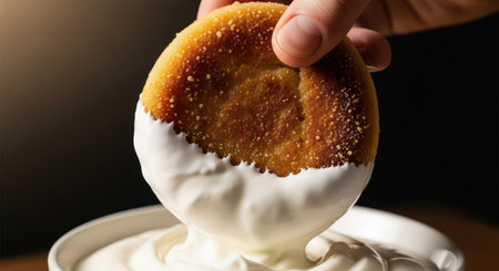 Hand holding corn muffin dipped in creamy yogurtの素材