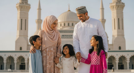 Happy muslim family enjoying day at mosque with smiling childrenの素材