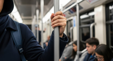 Female hand holding pole in busy subway train with seated commutersの素材