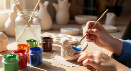 Child painting ceramic bird with blue paint in sunlit art studioの素材