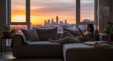 Young caucasian female relaxing with smartphone on couch at sunset in modern city apartmentの素材