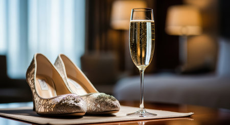 Elegant bridal accessories with champagne glass in luxurious settingの素材