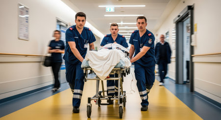 Emergency response team transporting patient on hospital gurneyの素材