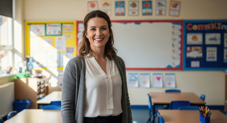 Young caucasian female teacher smiling in bright classroom with educational postersの素材