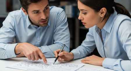 Caucasian young male discussing work with hispanic young female in officeの素材