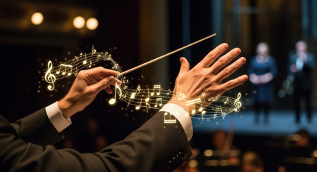 Conductor leading orchestra with musical notes sparkling on stageの素材