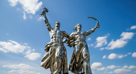 Monumental soviet sculpture of worker and kolkhoz woman against blue skyの素材