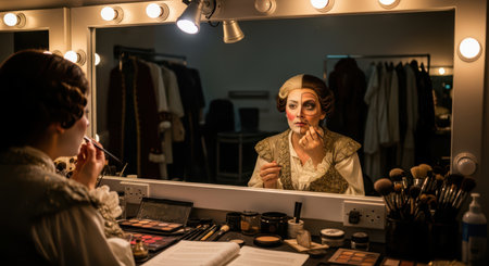 Caucasian female adult applying stage makeup in theater dressing roomの素材