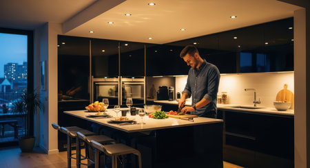 Young caucasian male preparing dinner in modern kitchen at nightの素材