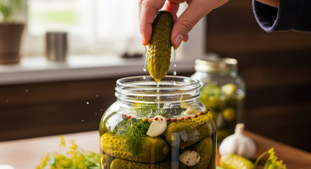 Homemade pickles in glass jar with hand holding cucumberの素材