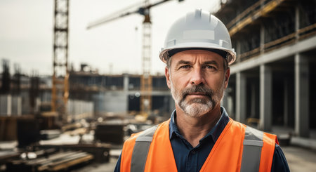Mature caucasian male construction worker at building site with craneの素材