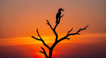 Silhouette of hornbill on tree branch at sunsetの素材