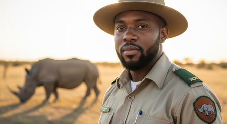 African male ranger standing proudly in savanna with rhinoceros in backgroundの素材