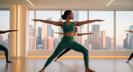 African female adults practicing yoga in modern city studio with skyline viewの素材
