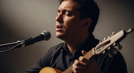 Young hispanic male singing and playing guitar in warm lightingの素材