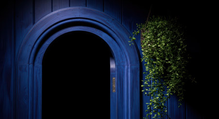 Mysterious blue arch doorway with hanging greenery at nightの素材