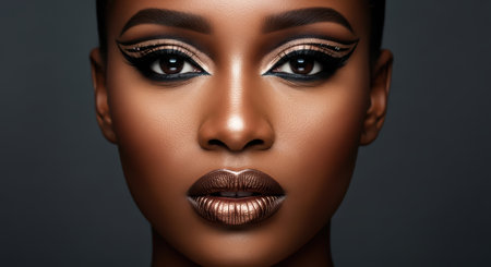 Glamorous african female with bold metallic makeup and winged eyelinerの素材