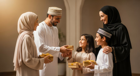 Middle eastern family celebrating with gift exchangeの素材
