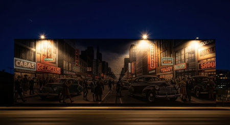 Vintage night cityscape mural with 1940s cars and illuminated storefrontsの素材