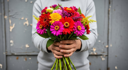 Young caucasian male holding vibrant bouquet of colorful flowers against rustic backgroundの素材