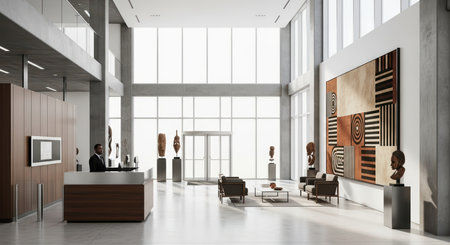 Modern art gallery reception with african art sculptures and abstract painting in bright spaceの素材